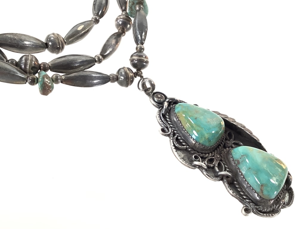 Signed Sterling & Turquoise w Navajo Beads 53g TW: 26" L. Marked "HM". Tested sterling. Age related patina.