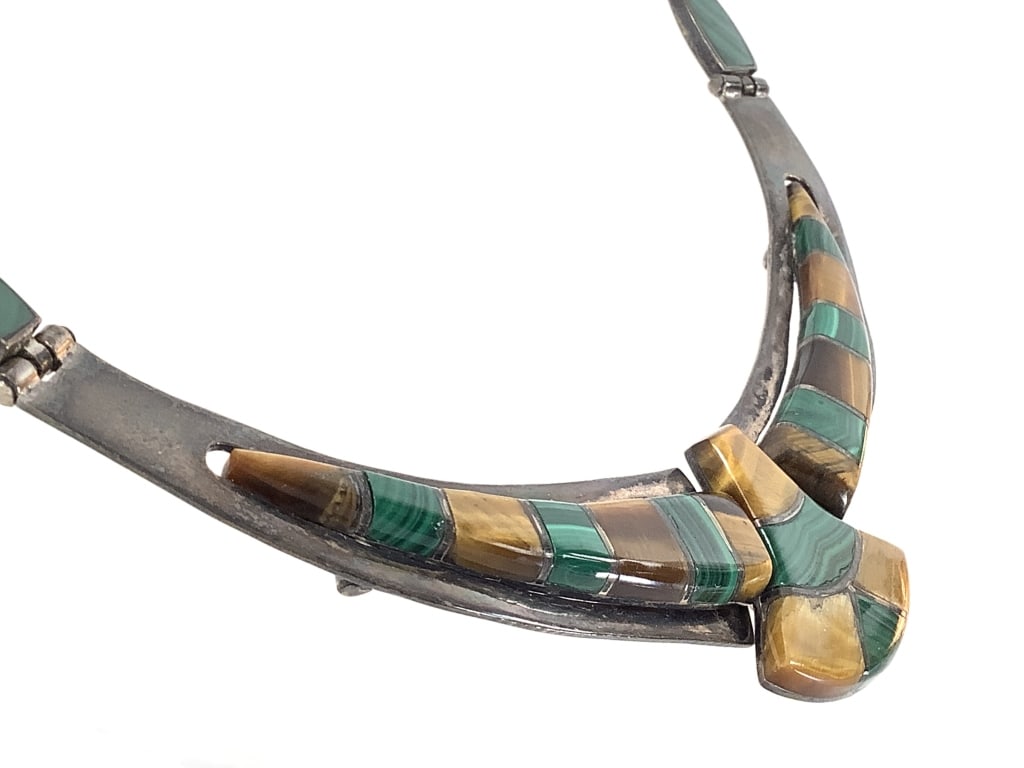 Malachite Tiger's Eye Inlay Necklace 49.2g TWj: Likely sterling, but unmarked. 16" L