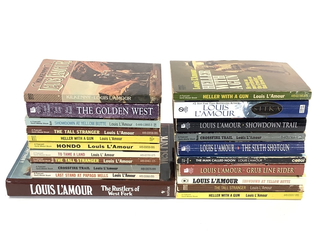 21 Louis L'Amour Western Novels: 20 paperback and 1 hardback. Most show expected wear and creasing. All intact.