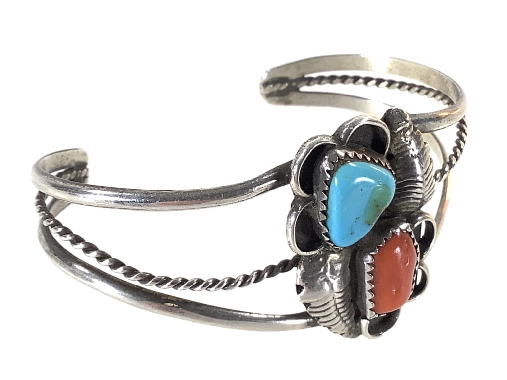 Turquoise Coral & Silver Blossom Bracelet 12.6g TW: 5 1/2" L. Stones are secure; age related patina.