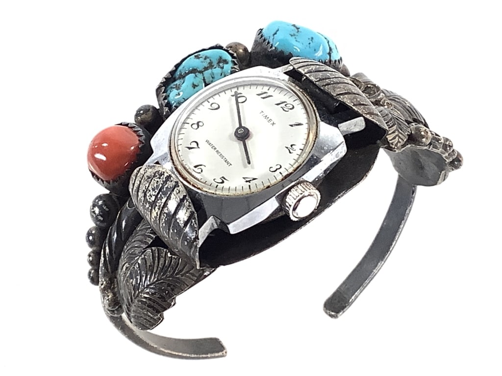 Custom Sterling Coral & Turquoise Watch Band 42gTW (1 of 8)