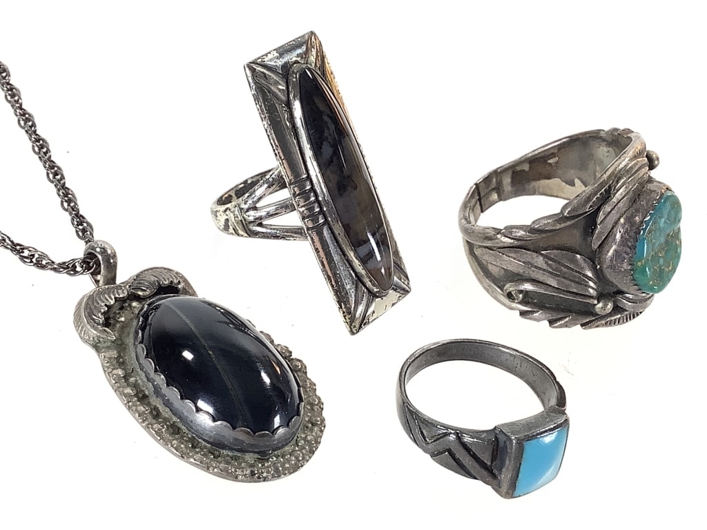 3 Rings & Pendent Sterling & Stones 42g TW: Necklace 19" L, Large chunky artist signed turquoise ring is size 12 (band has been cut), rectangular ring is a size 6.5 and smaller turquoise ring is 6.5. Age related patina. Stones are secure.
