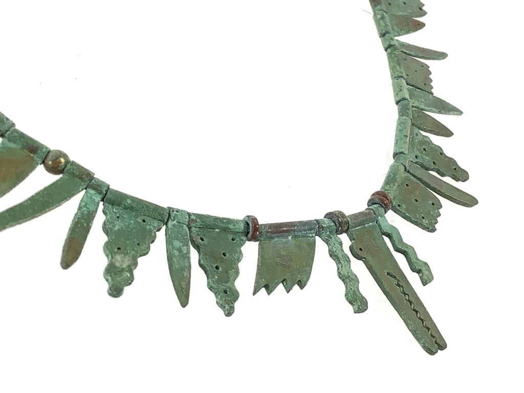 Copper Artist Made Necklace w Turquoise Beads: 27"L. Oxidized copper.