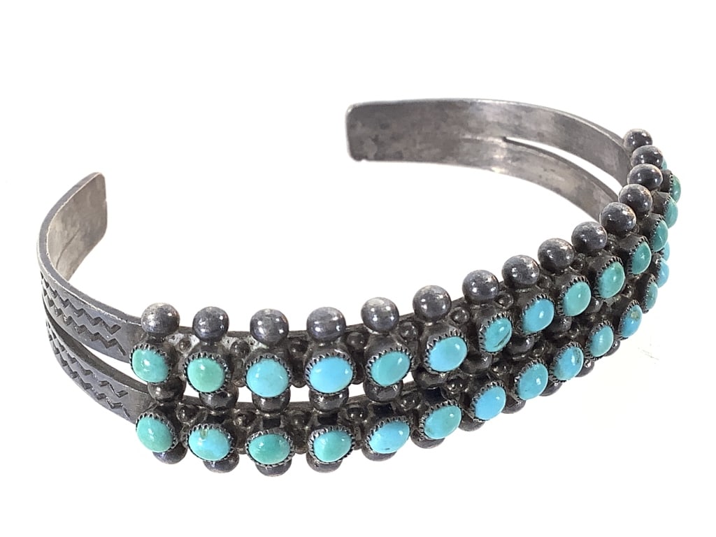 Zuni 2 Strand Silver & Turquoise Bead Cuff 23.3gTW (1 of 6)