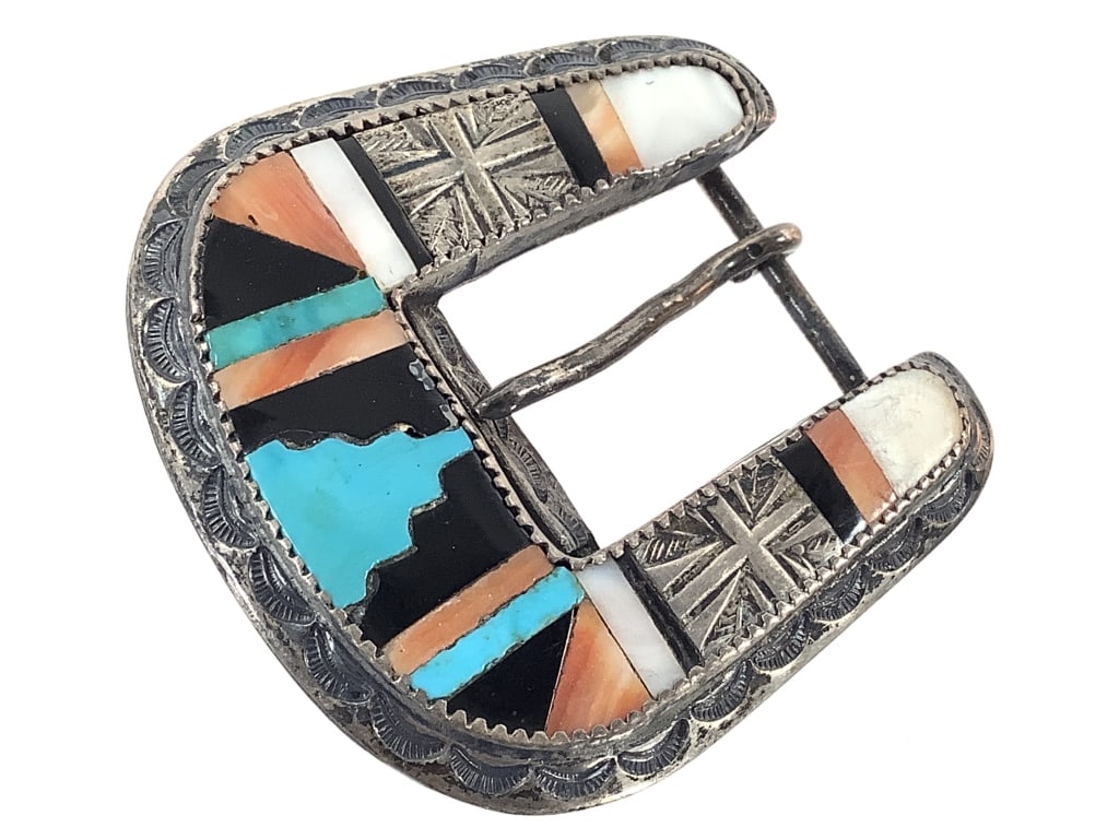 Silver Belt Buckle w Stone & Shell Inlay 29.2g TW: 2" x 2". Coral, onyx, spiny oyster & turquoise inlay. Scratch marked verso.