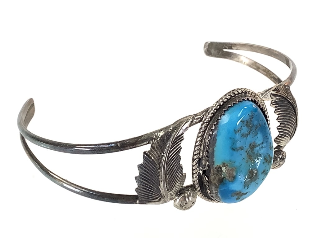 Sterling Turquoise Feather Cuff Bracelet 19.3g TW: Stone is 1" H