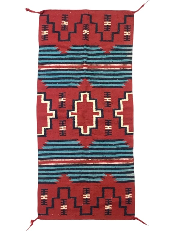 Vtg Navajo Runner Rug: 63" x 31" w some wear and pilling.