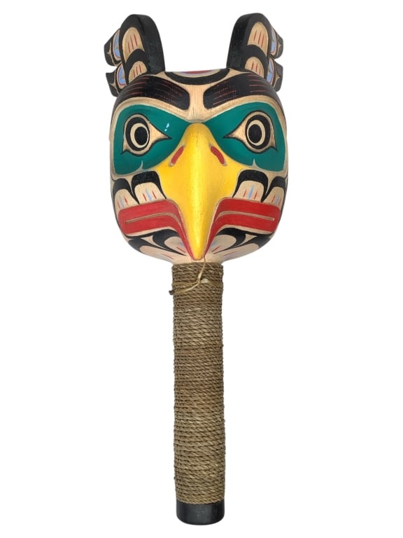 Northwest Coast Carved Eagle Rattle Wood: 12 1/2" tall.
