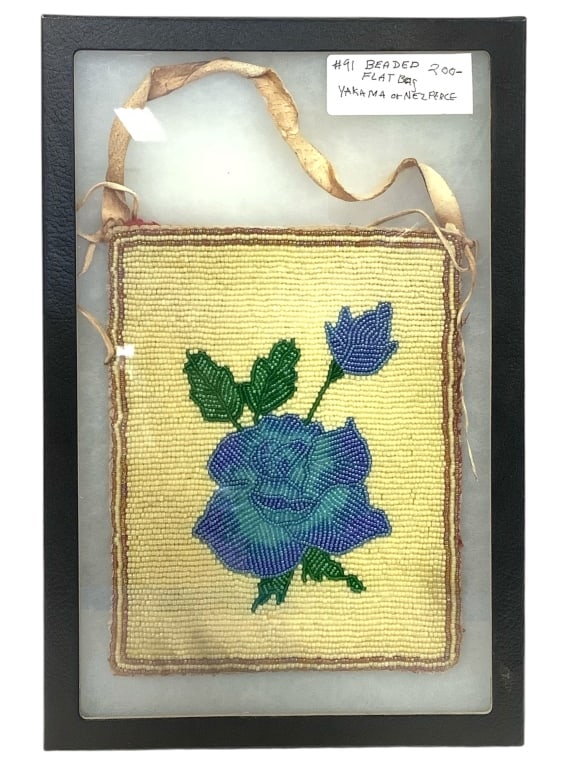 Beaded Flat Bag Yakama / Nez Perce in Display Case: Case measures 12 1/2" x 8 1/4".