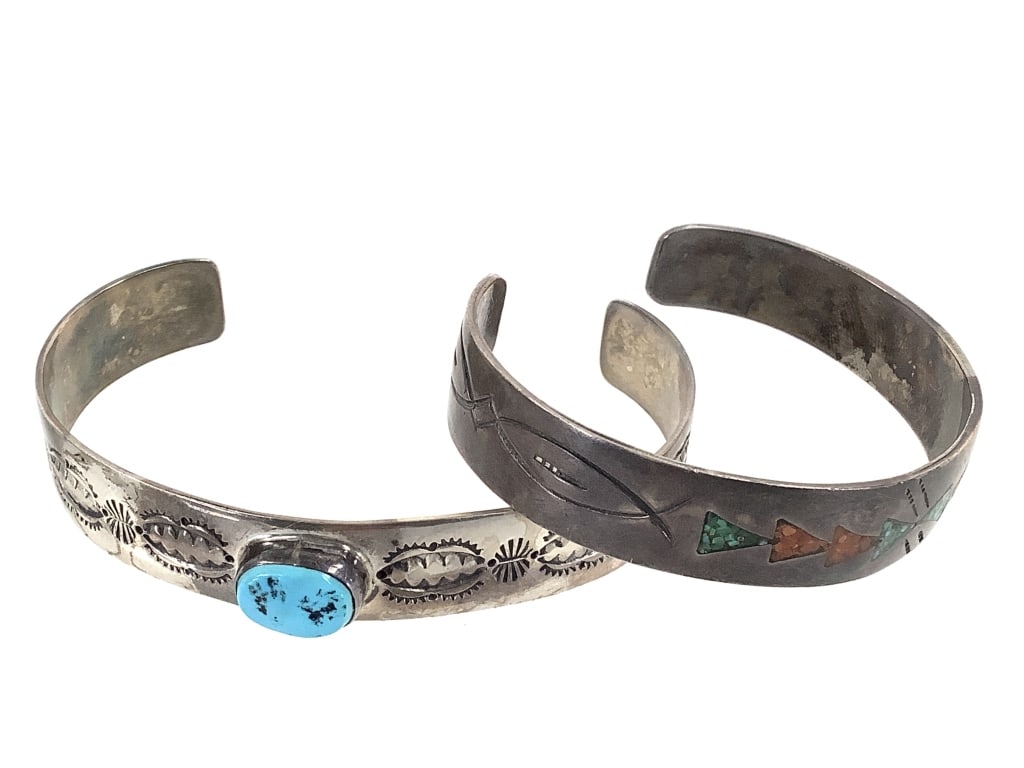 2 Sterling Bracelets Turquoise Coral: Single stone bracelet is marked "AM"