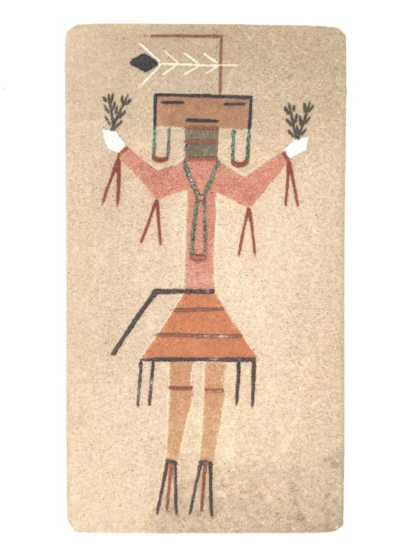 Native American Sand Art Piece on Cork Board: 9" x 5".