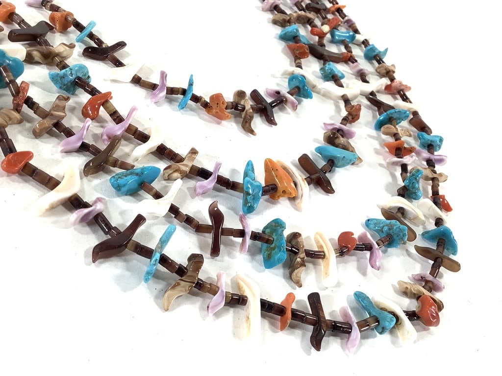 Zuni Fetish Bird Shell & Stone Necklace: 32" L. Turquoise, coral, mother of pearl,and spiny oyster shell. Sterling cone fasteners. Good condition.