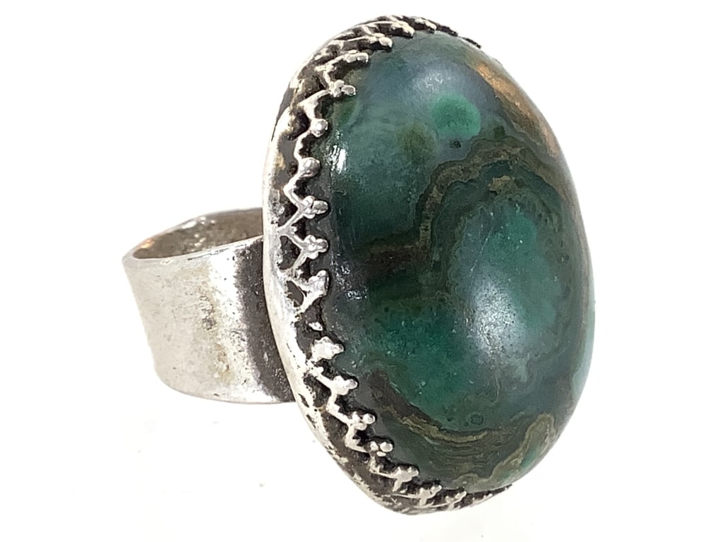 Gobi Agate Cabochon & Silver Ring 14gTW: Sz. 6. Unmarked; tested .800 silver. Band is adjustable.