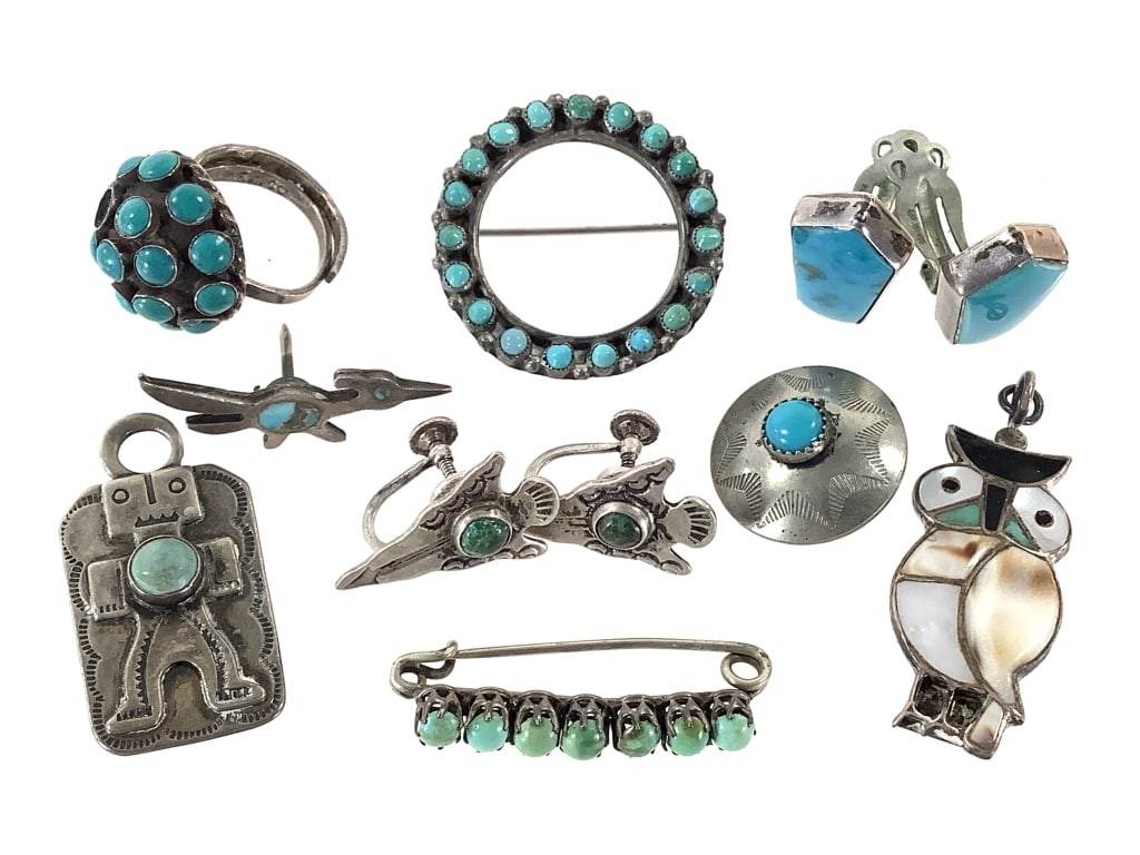 Sterling, Turquoise & Shell Accessories 31g TW: Inlay ring and owl are missing stones. Age related patina. Ring is adjustable. Clip On and screw back earrings.