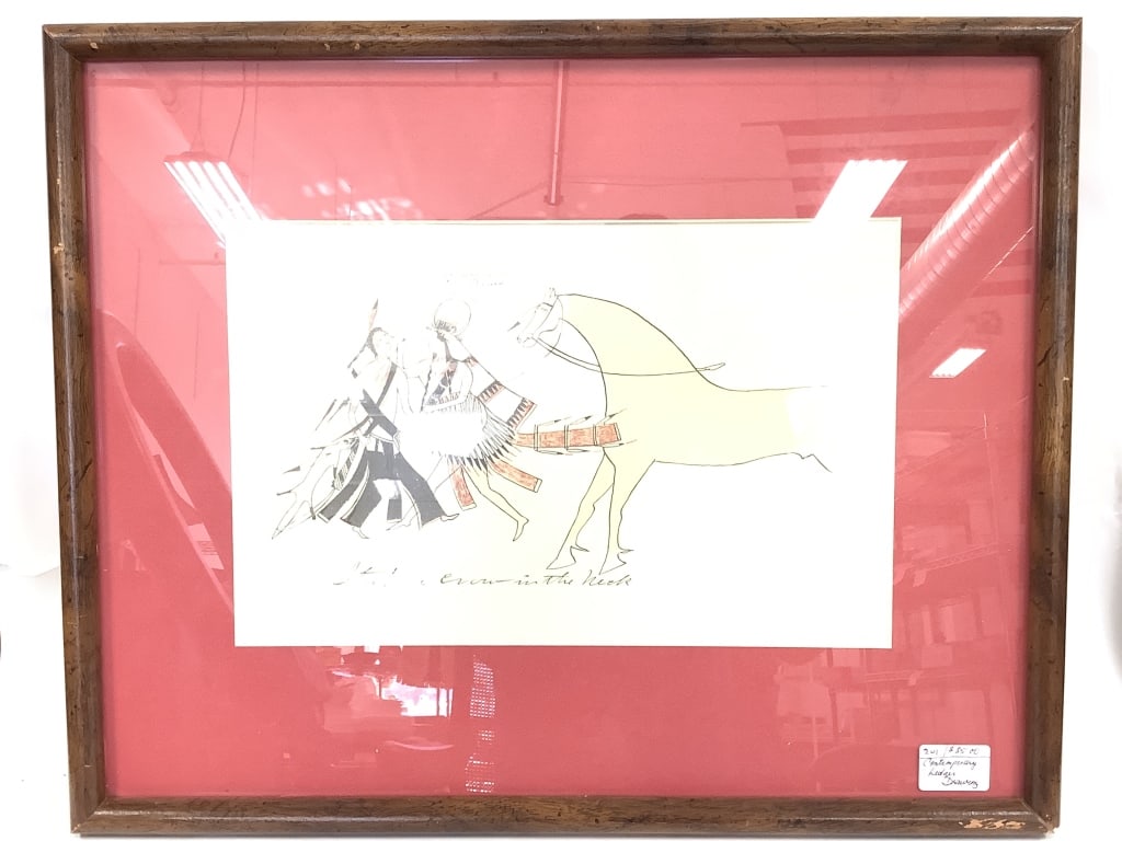 Contemporary Native American Drawing Framed: 21" x 17"