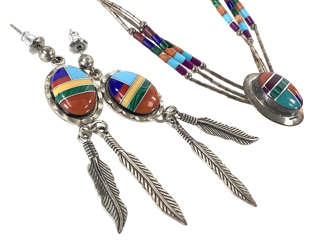 Sterling Multistone Inlay Liquid Silver 17.5g TW: Includes 20" L necklace and 2" L earrings.