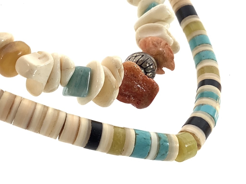 Shell & Stone Bead Necklaces w/ Sterling Accents: Longest is 32"L. Heishi beads in turquoise, onyx, and olive shell.