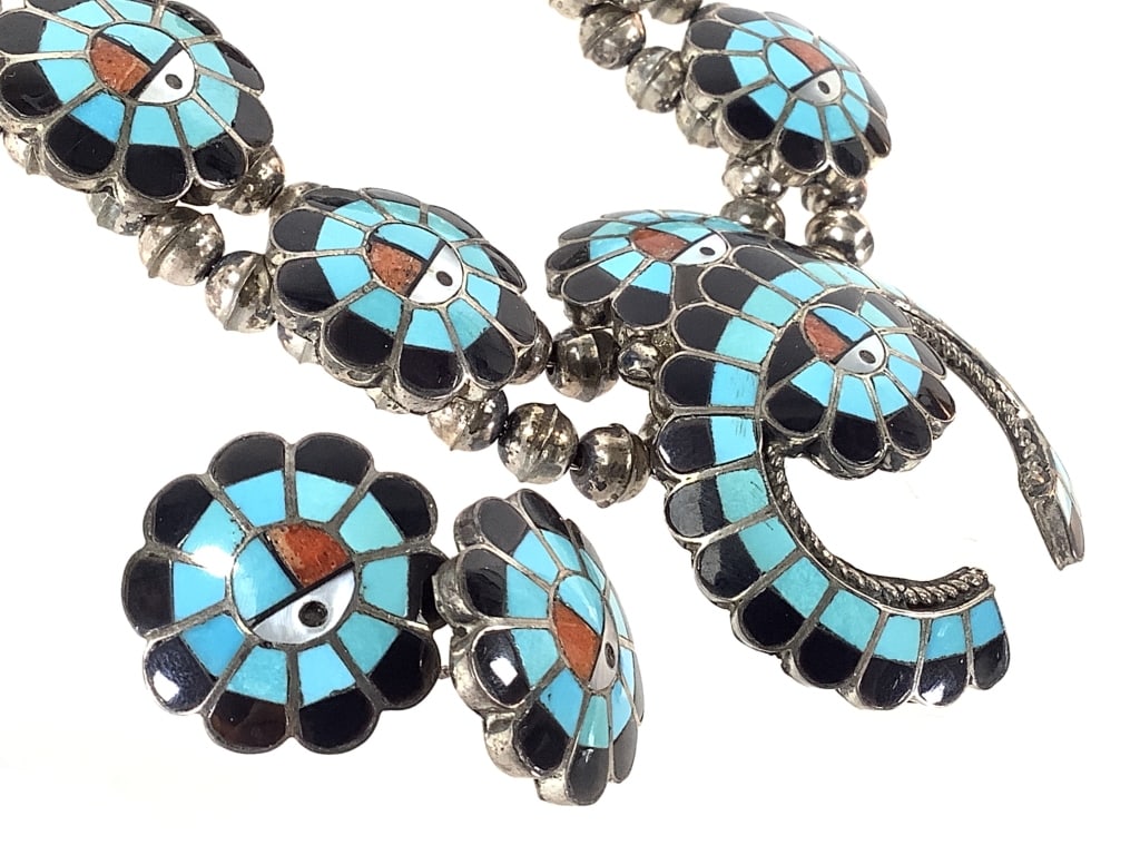 Sterling Burdian Soseeah Sunface Squash Blossom: This Zuni necklace and earring set weighs 96 grams total weight.