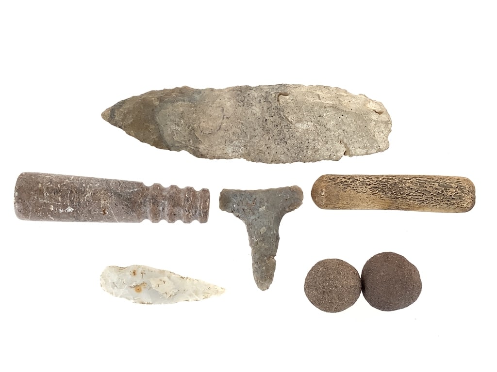 Moqui Balls, Knapper, T-Drill, Medicine Pipe +: 7 total artifacts, largest 3 1/2"L. From the collection of IU Emeritus Professor John Johnson. Please Note: The artifacts in this auction have not been professionally authenticated. Items may include