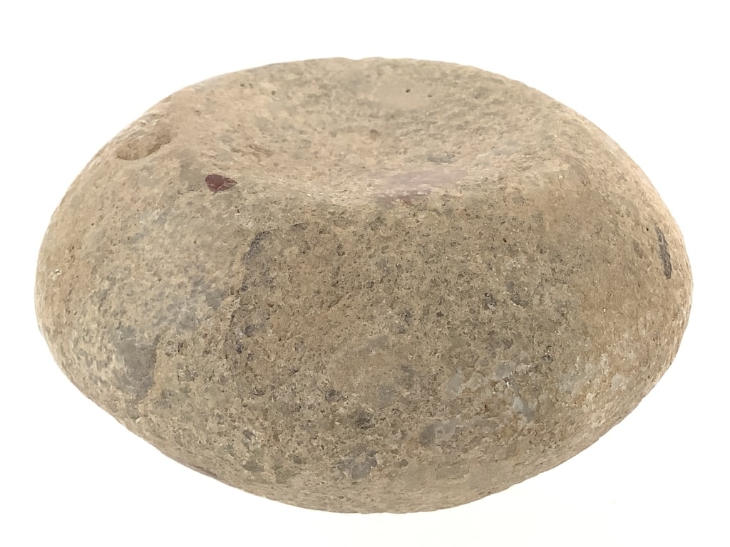 Chunkey Stone Luge Co, MI: 3 1/2"W. From the collection of IU Emeritus Professor John Johnson. Please Note: The artifacts in this auction have not been professionally authenticated. Items may include reproductions,