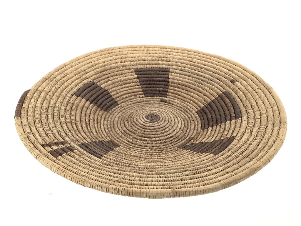 Southwest Style Polychrome Coiled Basket Tray: 12"W x 1 1/2"D. Fully intact, tight coiling. Underside shows minor fraying and expected wear throughout.