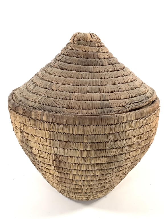 Lg Lidded Polychrome Coiled Storage Basket: Approximately 15"H x 14"W. Bottom slightly warped, minor fraying and breakage throughout due to age.