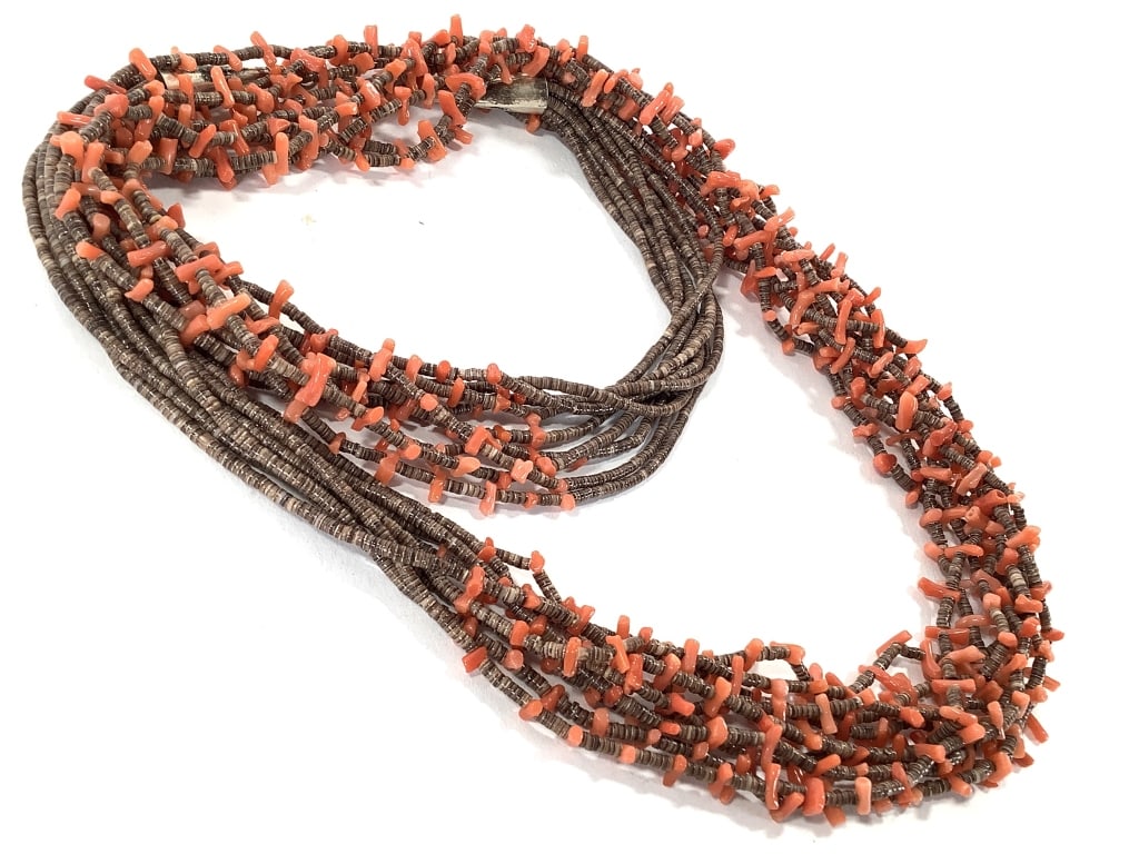 Multi-Strand Sterling & Red Coral Necklace: 31" L. Sterling fasteners. Marked.