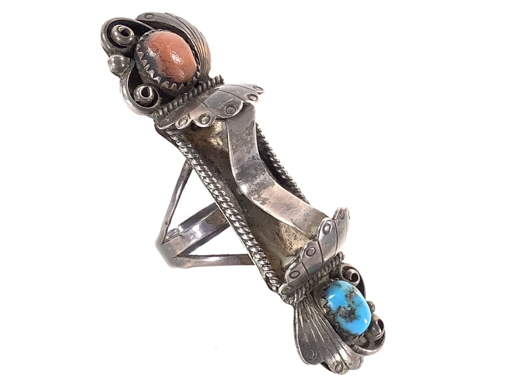 Angela Lee Watch Ring 10.8g TW: No watch present on this size 9 statement ring. No sterling mark, though artist stamp is clear. Turquoise and coral.