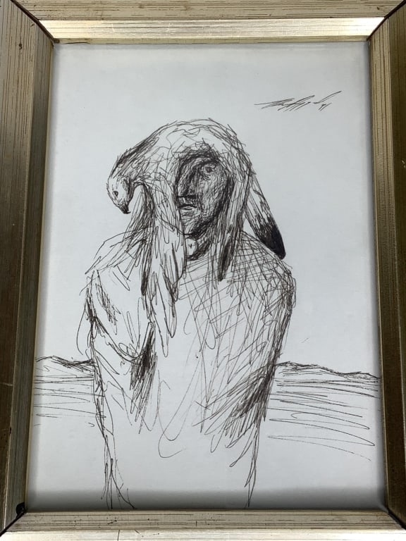 Framed Original Native American Drawing Signed - 4