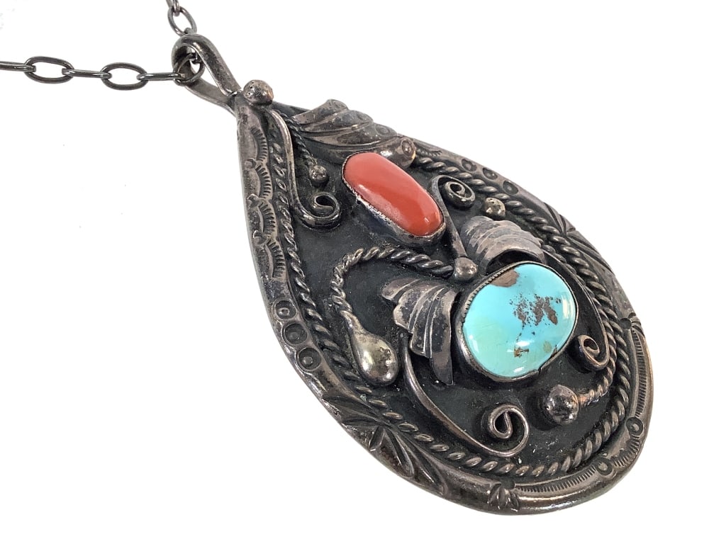 Al Joe Coral Turquoise Necklace 55.2g TW: Well marked by artist. Unmarked, but likely sterling. 26" L with 3 1/2" H pendant.