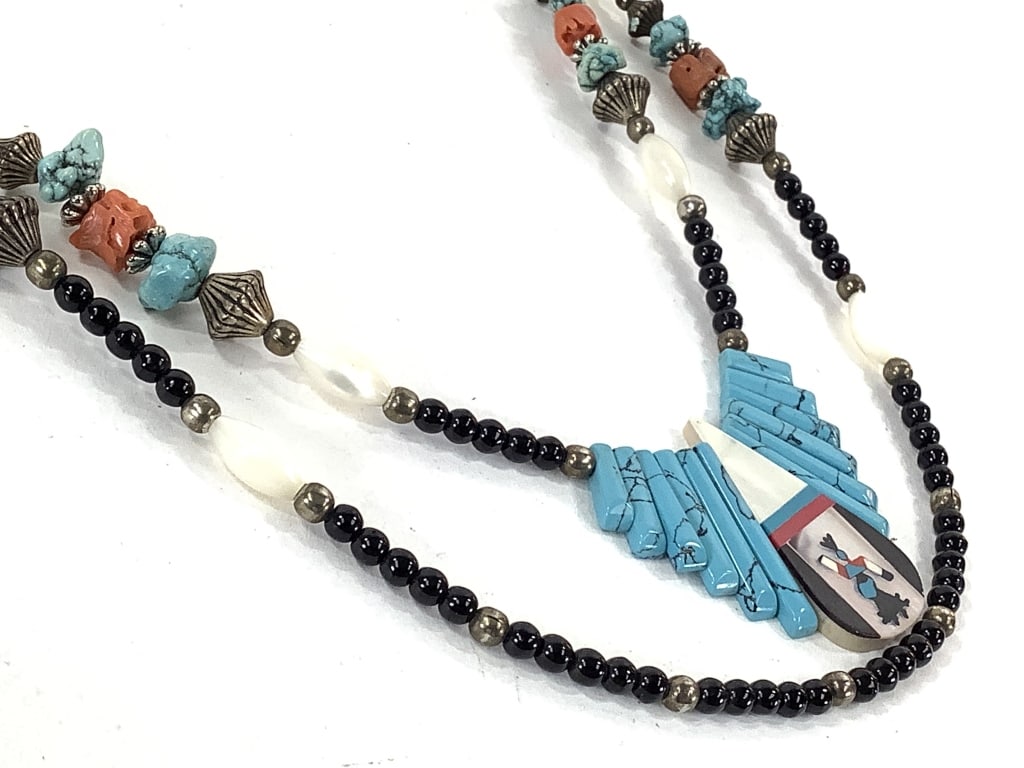Zuni Double Strand Heishi Bead Figural Necklace: 26" L