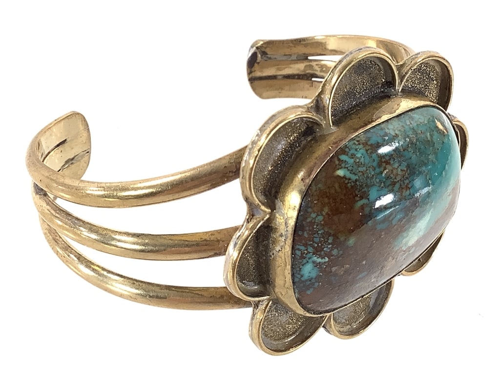 Ray Notah Signed Brass & Turquoise Scalloped Cuff: 6 1/2" L. Cabochon is 1 1/2" x 1". Age related patina. Marked "1982" and signed by artist. Good condition.
