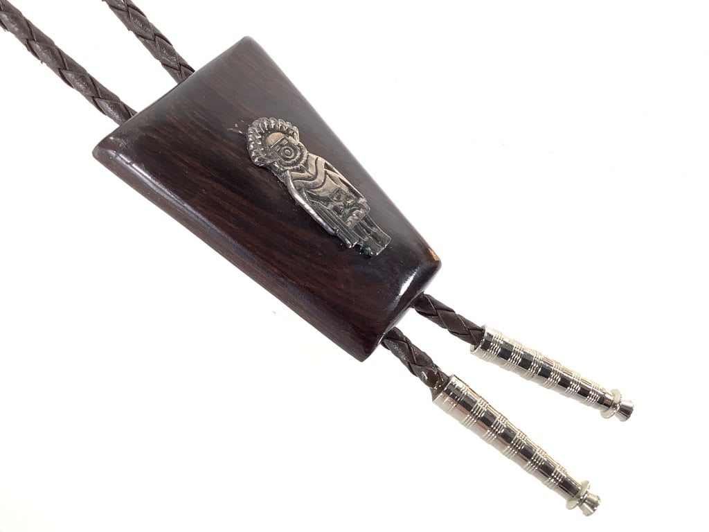 Wood Sterling Morning Singer Kachina Bolo Tie: Wood is 2 1/4" H.