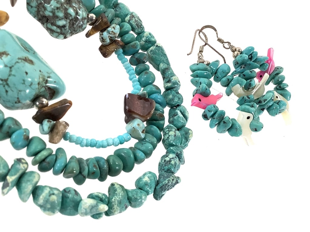 3 Turquoise Fetish Necklaces & Earrings: Longest 38".