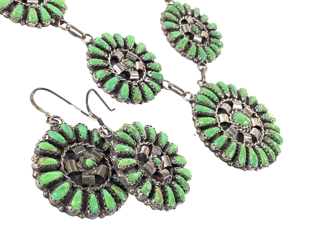 Sterling Green Turquoise Cluster Set 43.0g TW: 22" L necklace. The earrings are 1" W