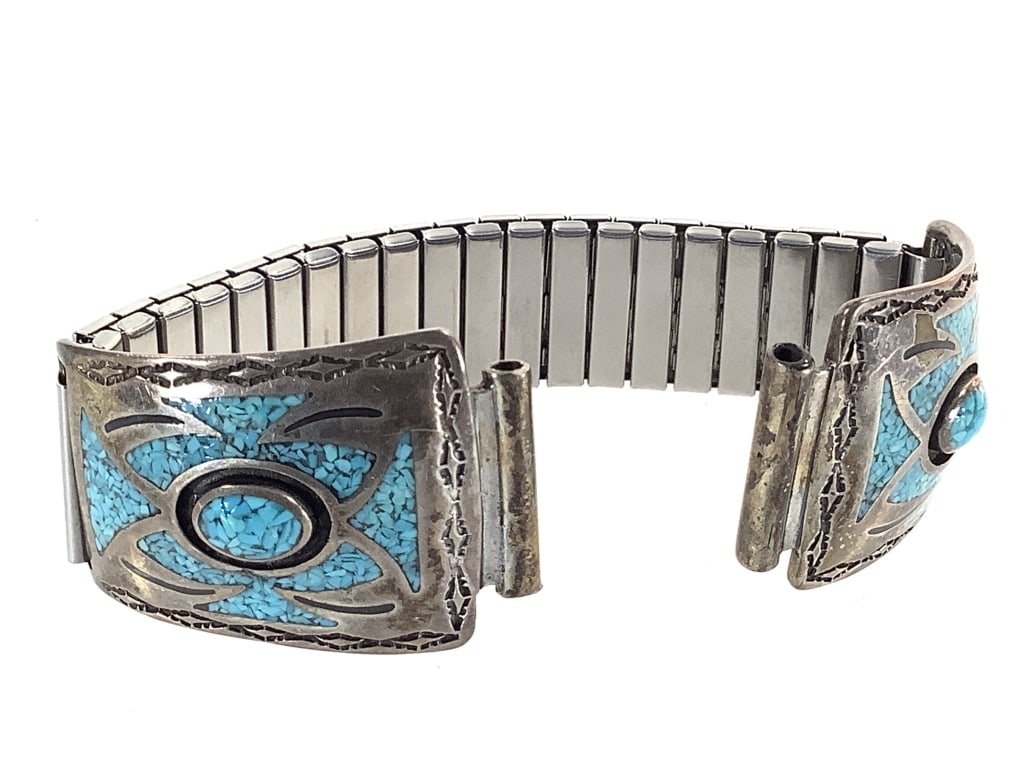 Artist Stamped Sterling Turquoise Watch Tips: "STC" stamped. Includes stretch band, so tips were not weighed. 1 1/4" L