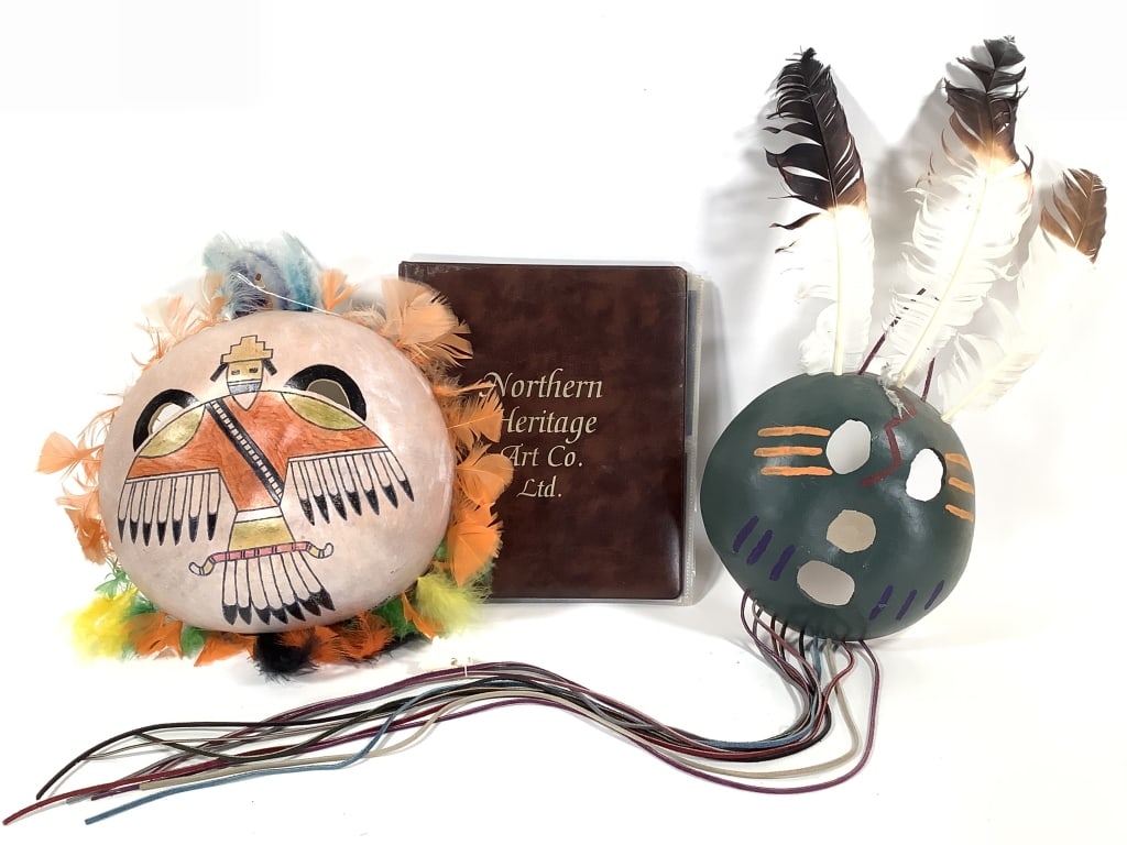 Gourd Masks W/ Northern Heritage Postcards 34: 34 Northern Heritage Art Co. postcards, 5" x 4", variable orientation. Two gourd masks, 8 3/4" Dia., 11 1/2" Dia, signed Hawiyeh-Ehi