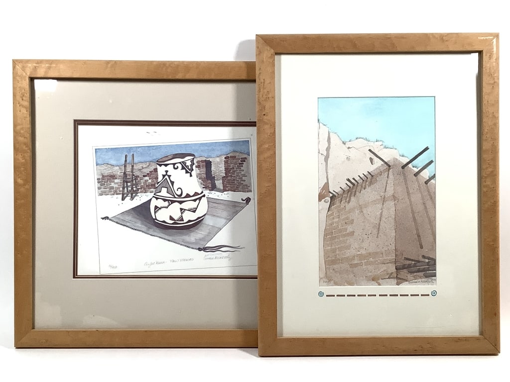 Kienholz Watercolor And Print: 7 1/2"W x 12 1/2"H sight, 16"W x 21"H frame, signed Susan Kienholz, Puye. 12"W x 10"H sight, 20 1/2"W x 19 1/2"H frame, signed Susan Kienholz, Aztec Ruin - New Mexico 56/450, slipped.