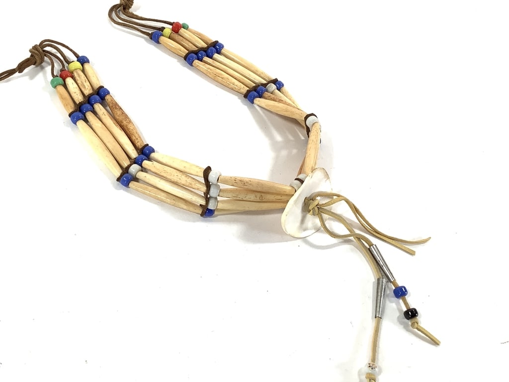 Antler Shell Beaded Necklace: 23"L, 1 1/4"W.