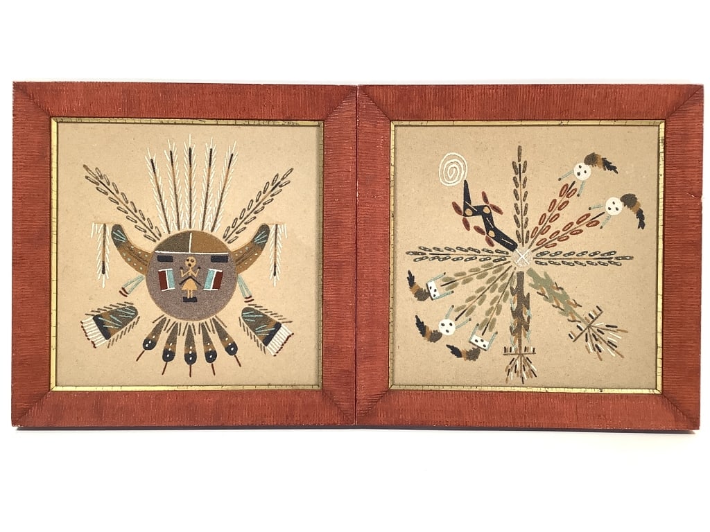 Navajo Sand Art: 11 3/4"W x 11 3/4H sight, 15"W x 15"H frame, Chiricahua Sun, artist signed. 11 3/4"W x 11 3/4H sight, 15"W x 15"H frame, Seed Blessing, artist signed.