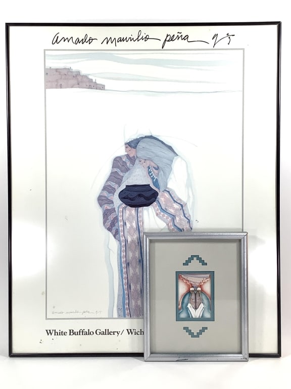 White Buffalo Gallery Prints: 23"W x 28"H, White Buffalo Gallery, April 1982. 2 3/4"W x 3 3/4"H sight, 8 3/4"W x 11"H frame, marked Mestizo Made.