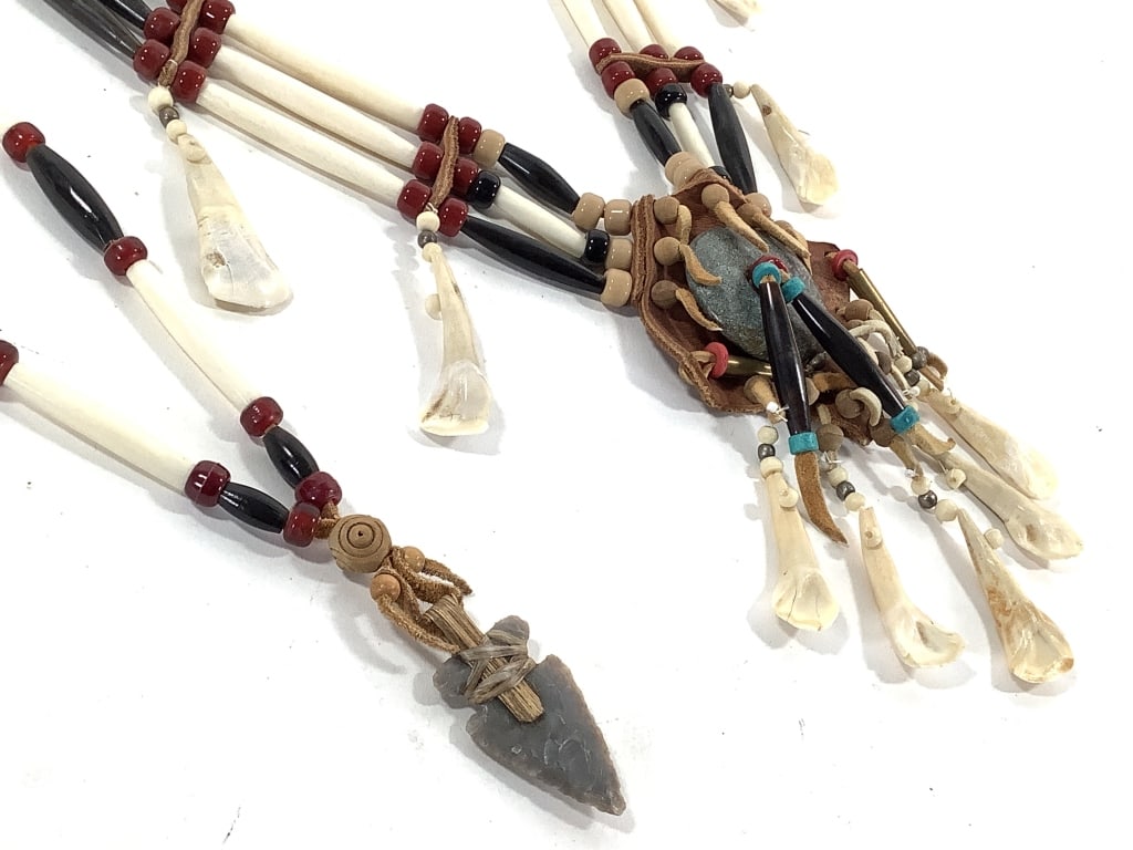 Animal Teeth And Arrowhead Necklaces: Teeth necklace is 20"L, arrowhead is 18"L