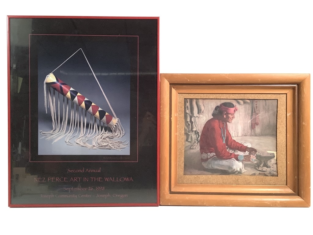 Silversmithing Print With Wallowa Poster: 11"W x 9"H sight, 17 1/2"W x 15 1/2"H, unmarked. 117 1/4"W x 21 3/4"H, Nez Perce Art In The Wallowa 1998 print