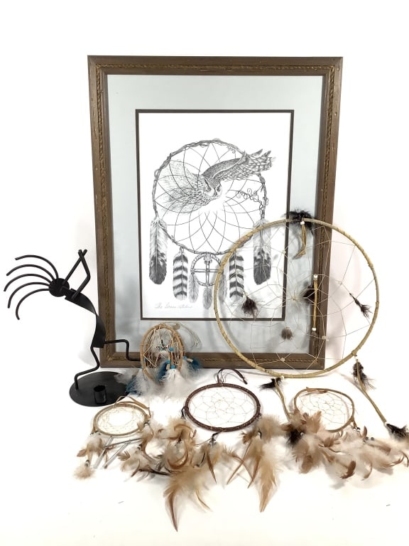 Owl Print W/ Dream Catchers And Candleholder: 12 1/2"W x 17 1/2"H sight, 20 1/2"W x 26 1/2"H frame, The Dream Catcher, signed Lynn King Jossiah. 5 dream catchers, largest is 14" Dia. 13"H metal candleholder.