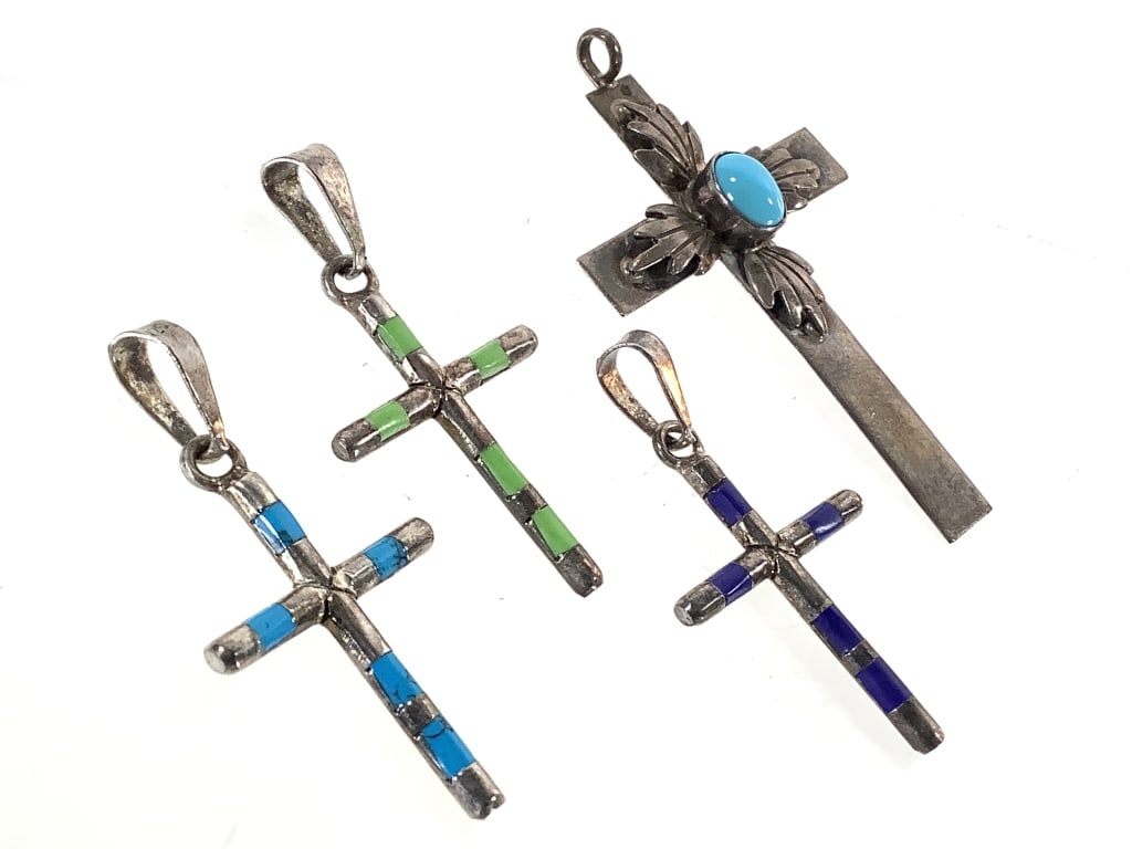 4 Sterling Crosses 12.4g TW: Up to 2 1/4" H. Largest with turquoise accent.