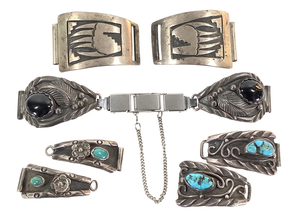 4 Sets NA Style Watch Tips: 2 sets are sterling and artist marked. Smaller sterling marked set weighs 8.3 grams. Larger was not weighed due to stainless attachments.