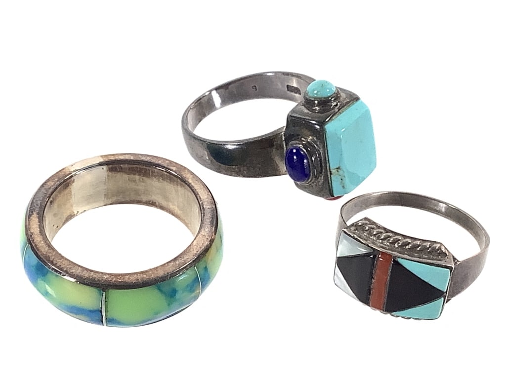 3 Rings Turquoise Coral MOP +: Total weight is 12.3 grams, though smallest ring is not marked. Sizes 6 and 7.