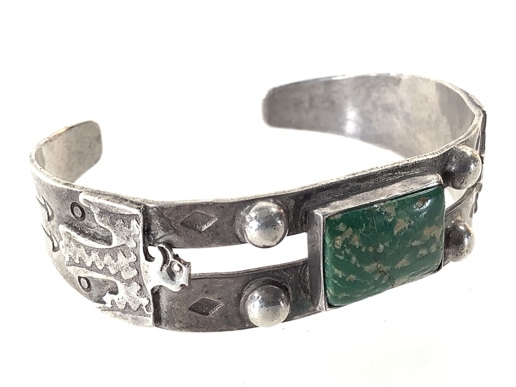 Sterling Turquoise Thunderbird Motif Cuff 19g TW: Fred Harvey Era style cuff. 5 1/2" L. Good condition w/ age related patina. Unmarked; tested sterling.