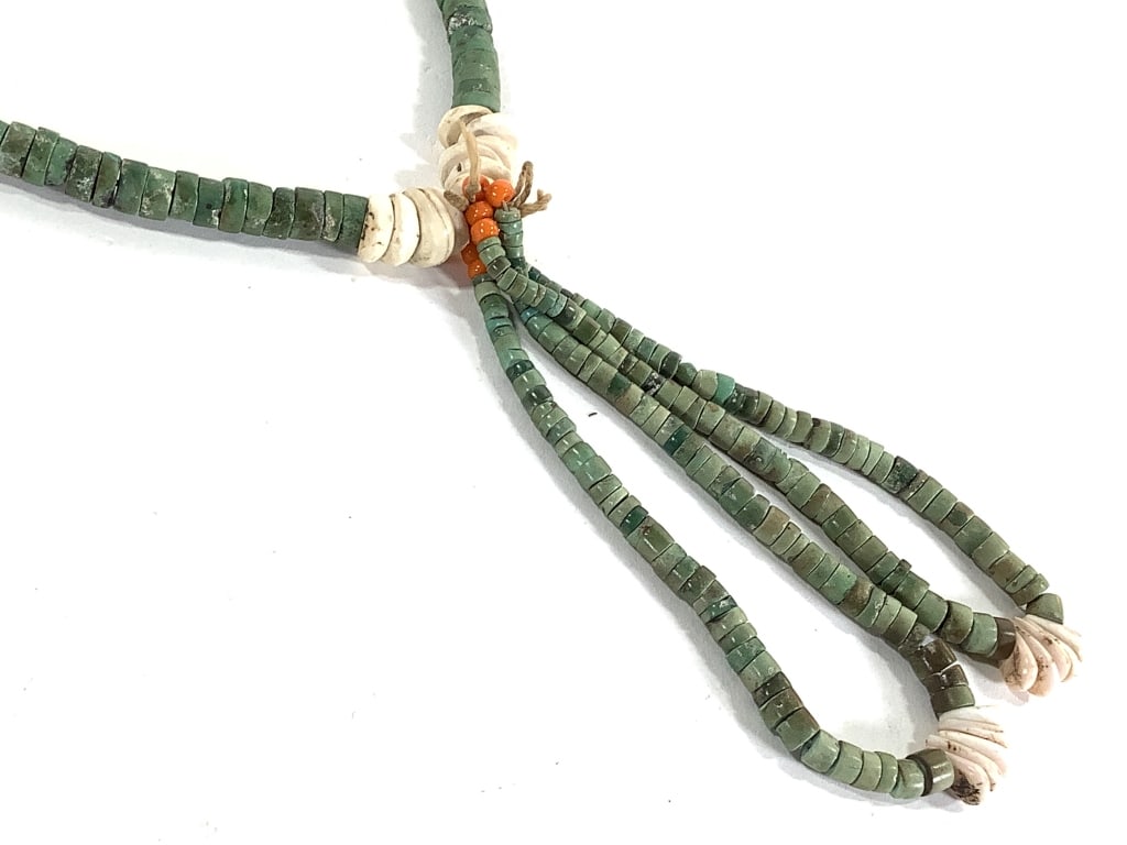 Jacla Green Turquoise Necklace Shell & Heishi: 24" L with 5" dangle. Hand-rolled melon shell & heishi beads.
