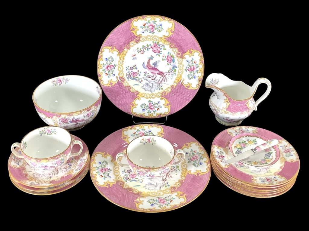 Minton Cockatrice Pink Fine Bone China 15 Pcs +: Rare Minton pattern featuring a mythical bird and floral pattern produced 1851-1950. Smooth glaze with hand painted enamel decoration. Group includes 2 - 9" salad plates, 6 - 6" side plates (one with